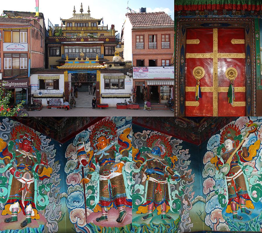 Kathmandu Boudhanath 10 Jamchen Gompa West Of Boudhanath Stupa, Entrance Door, Four Guardian Kings Jamchen Gompa (Sakya) is to the left (west) of the main entrance to Boudhanath near Kathmandu. Here is the entrance door and the nearby protruding sculptures of the Four Guardian Kings.